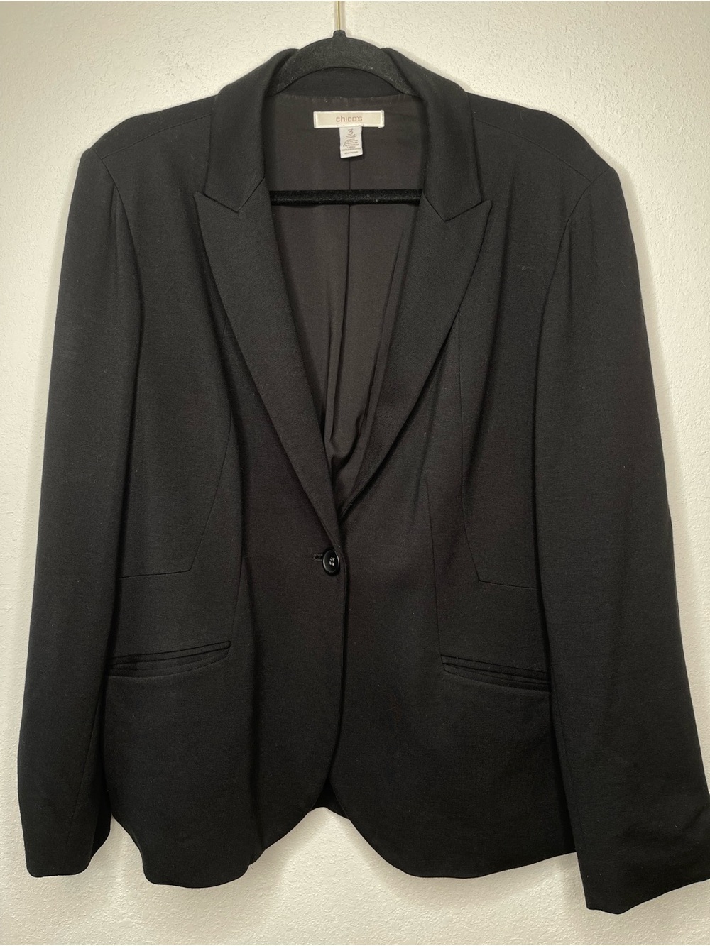 Chicos Ponte Fashion Basic Blazer Black Single Button Jacket Size 3 L XL
